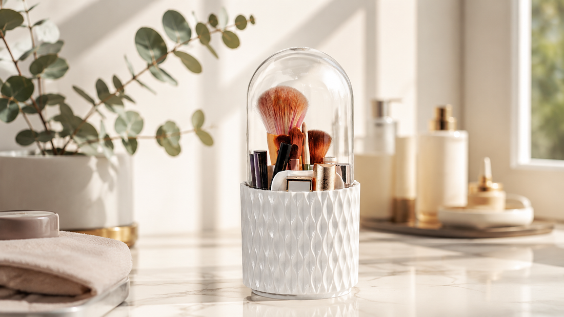 Organisateur maquillage blanc sur coiffeuse – pinceaux et rouges à lèvres rangés – FRUNIE