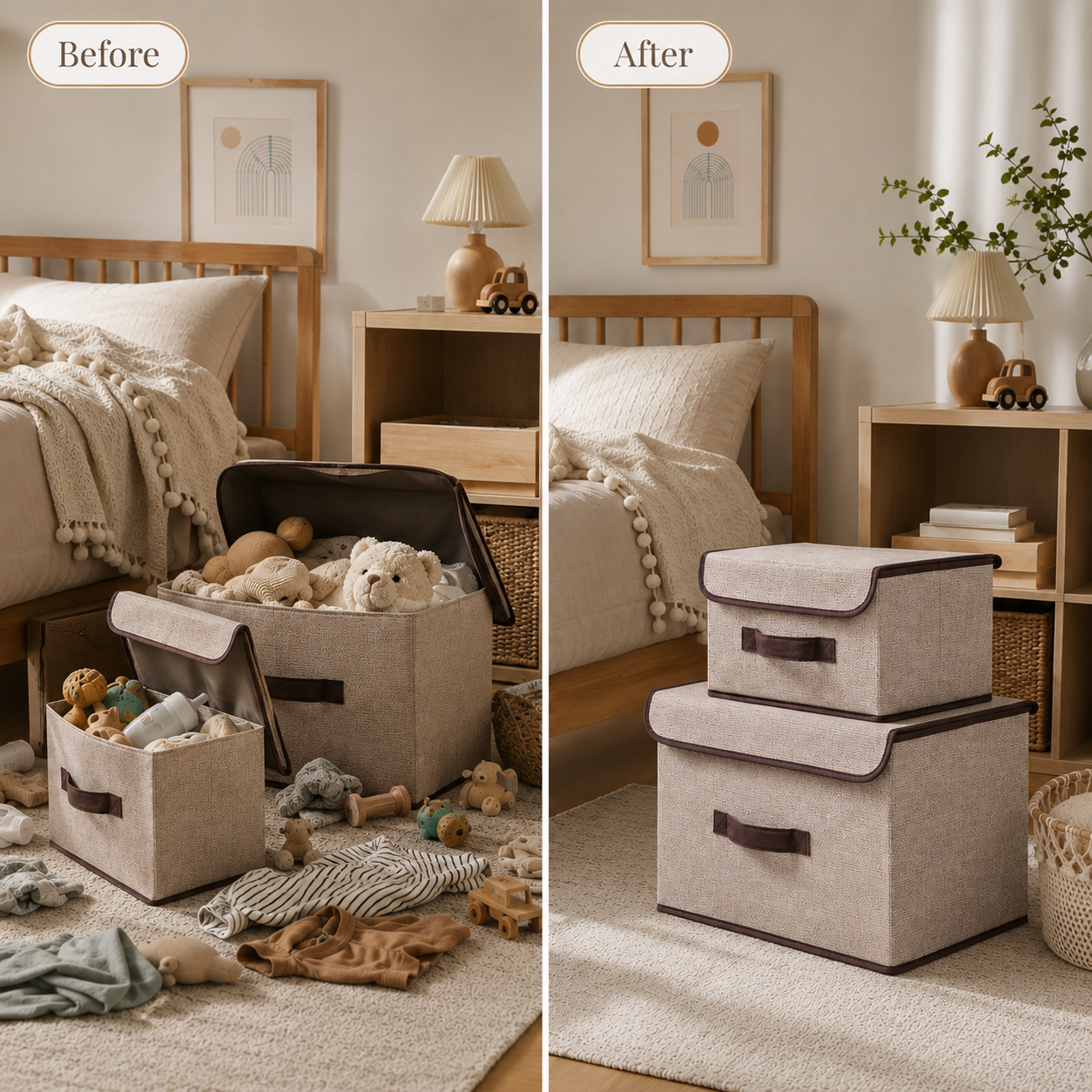 Boîte de rangement tissu pliable avec couvercle – coloris beige – FRUNIE