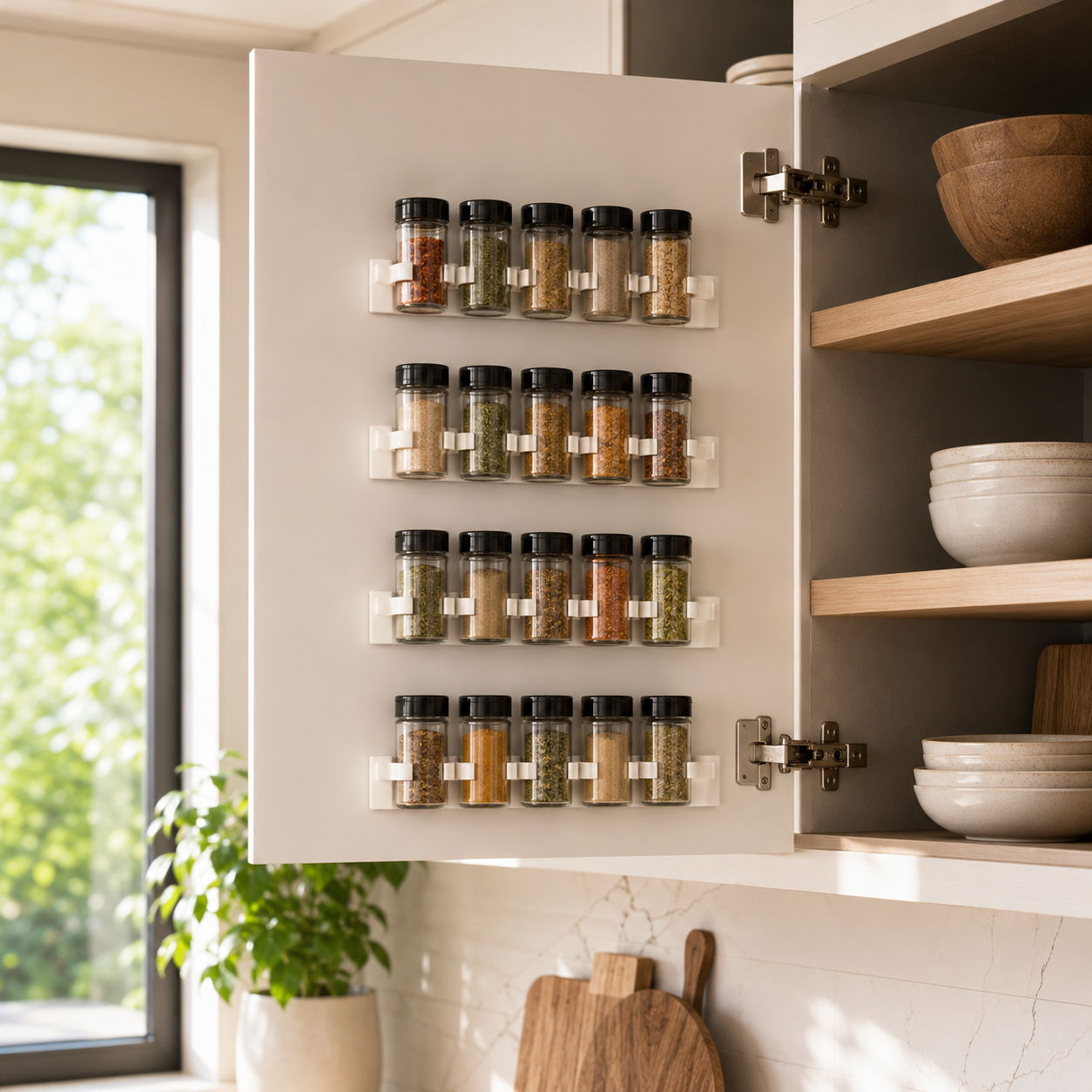 Bouteilles épices organisées sur bandes adhésives murales – cuisine rangée – FRUNIE