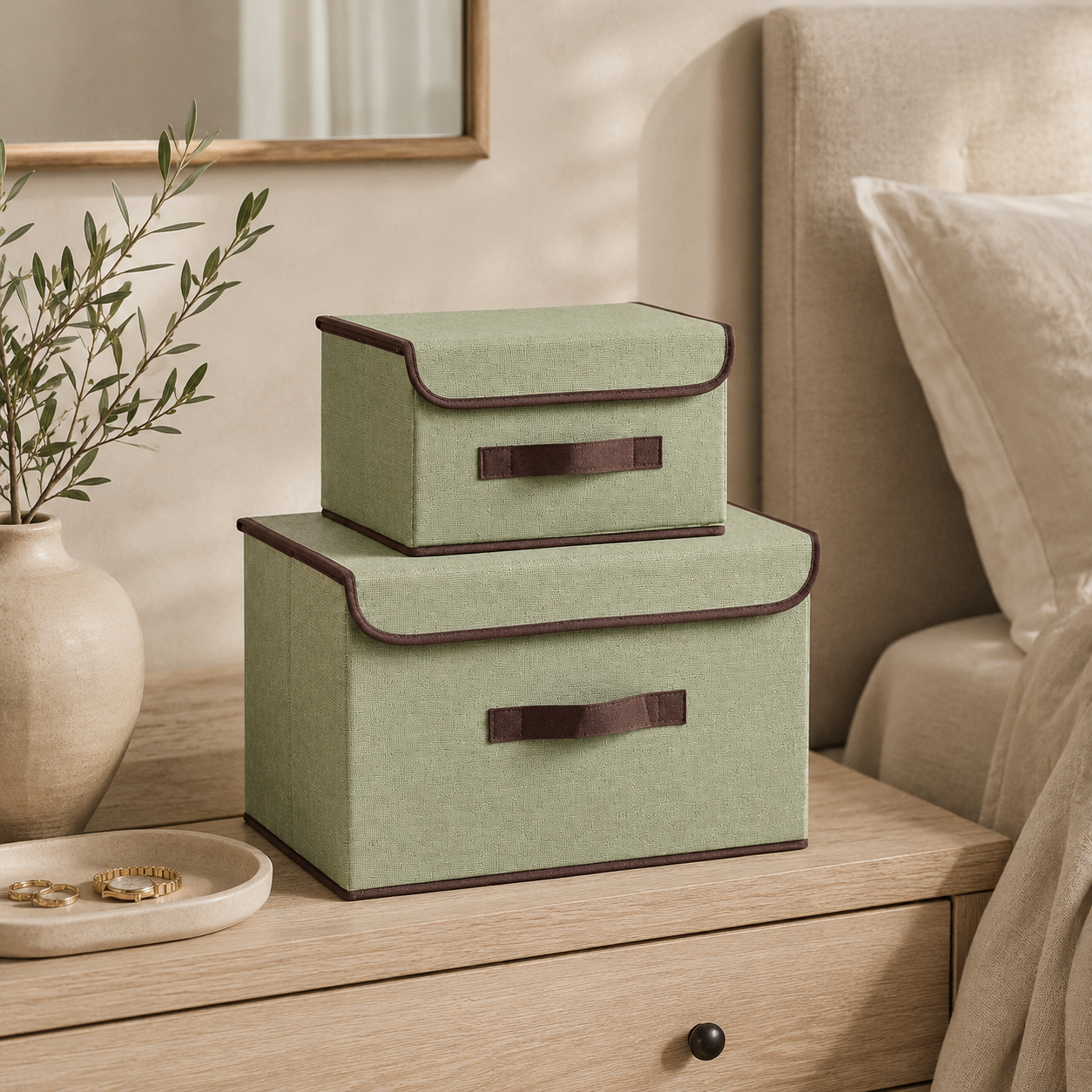 Boîte rangement tissu coloris vert – design moderne minimaliste – FRUNIE